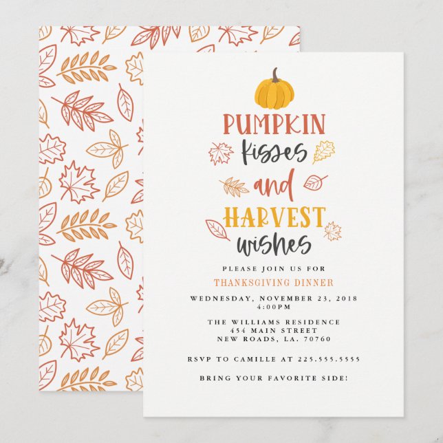 Pumpkin Kisses & Harvest Wishes Thanksgiving Party Invitation (Front/Back)