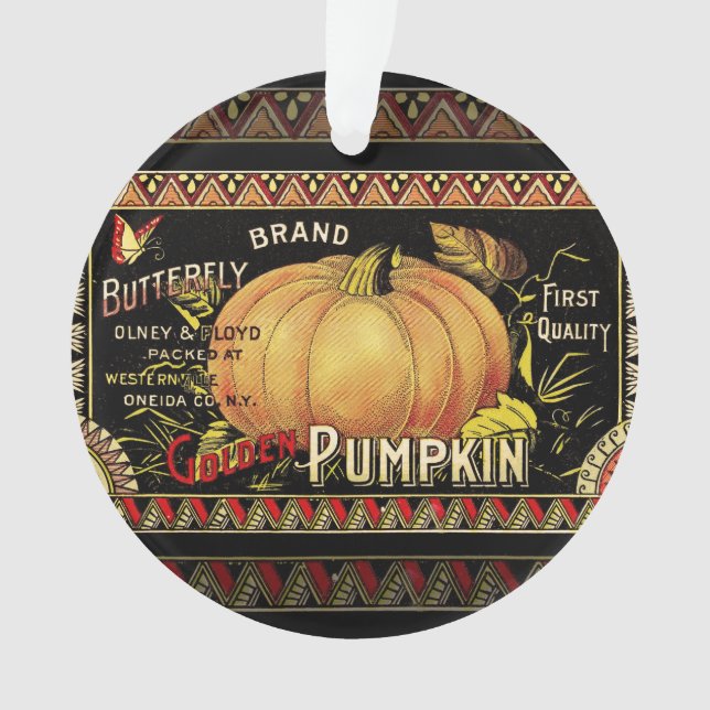 Pumpkin Label Antique Butterfly Brand Ornament (Front)