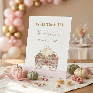 Pumpkin Lace First Birthday Welcome Pink Pedestal Sign