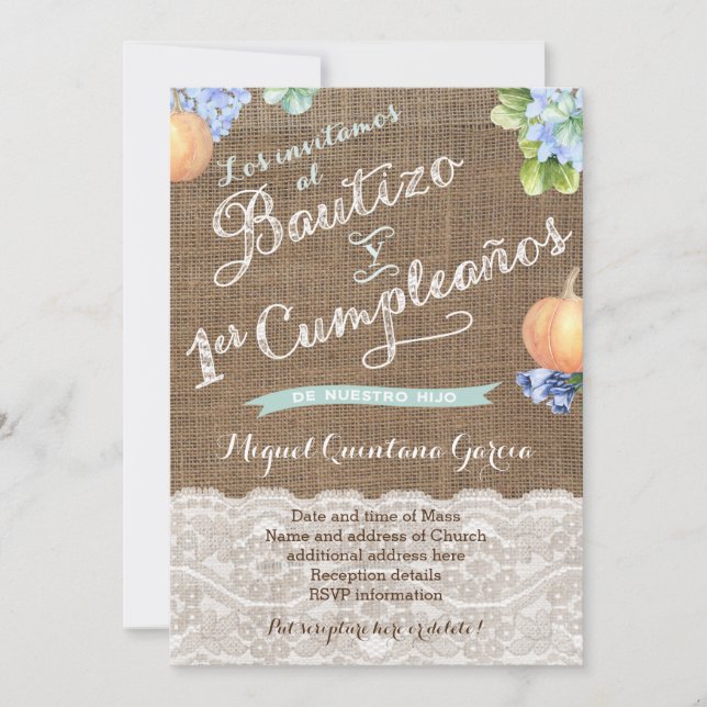 Pumpkin Latino Baptism 1st Birthday Party Spanish Invitation (Front)