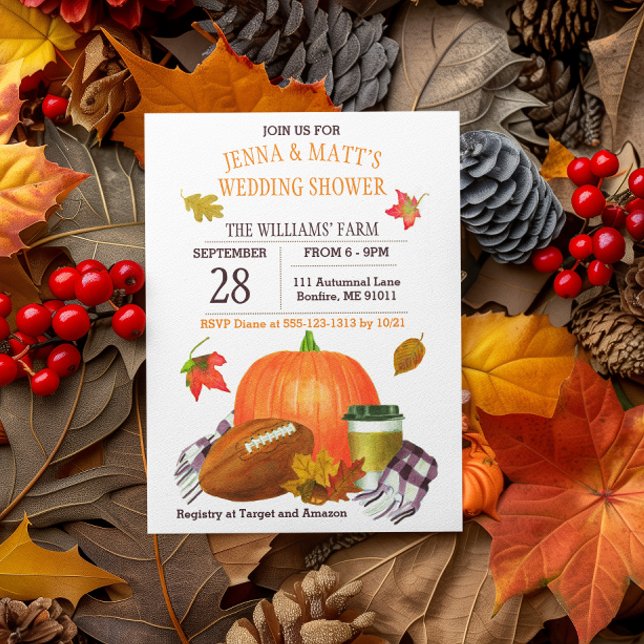 Pumpkin Latte Football Navy Plum Wedding Shower Invitation (Creator Uploaded)