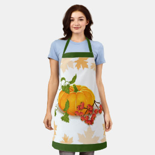 Pumpkin, leaves and green border fall Thanksgiving Apron
