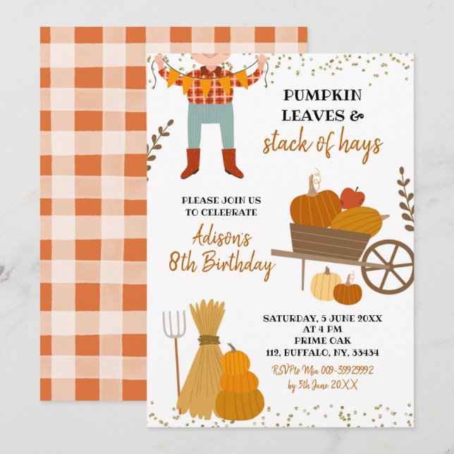 Pumpkin Leaves and Stacks of Hay Birthday Invitati Invitation (Front/Back)
