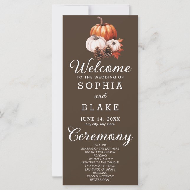 Pumpkin & Leaves Fall Cedar Brown Wedding Program (Front)