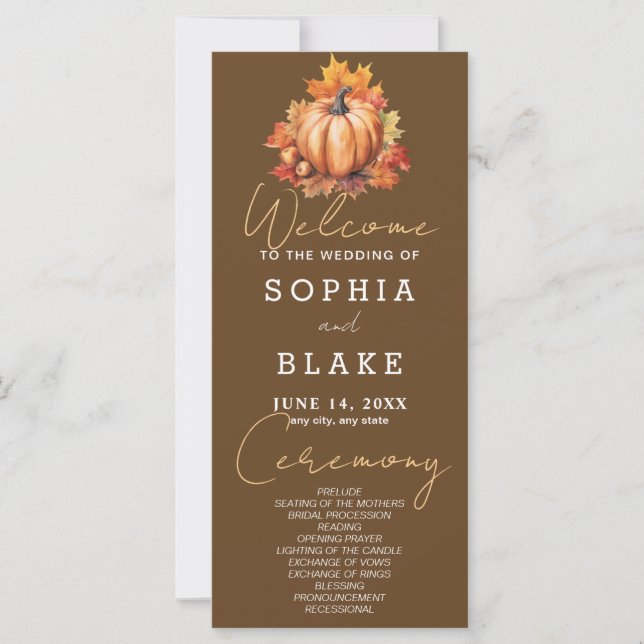 Pumpkin & Leaves Fall Dark Brown Wedding Program (Front)