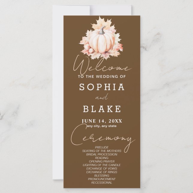 Pumpkin & Leaves Fall Dark Brown Wedding Program (Front)