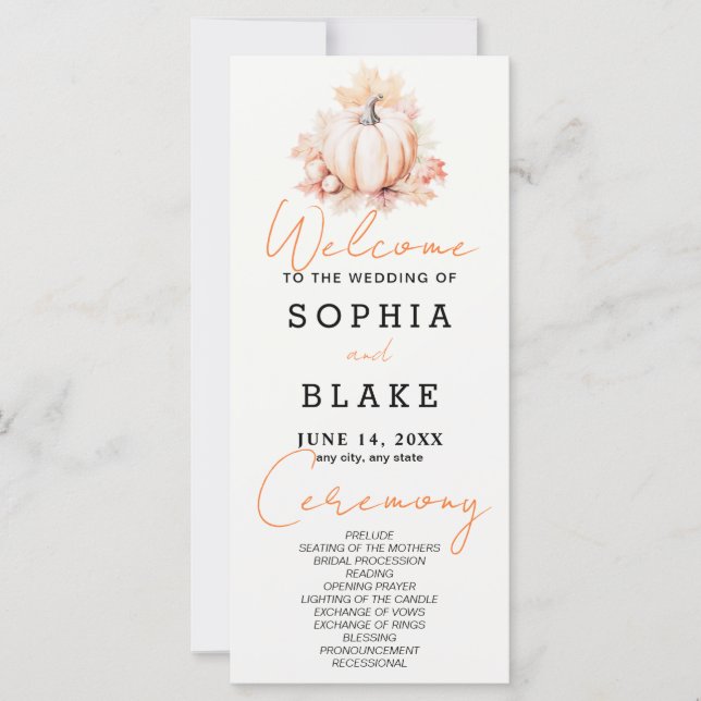 Pumpkin & Leaves Fall Off White Wedding Program (Front)