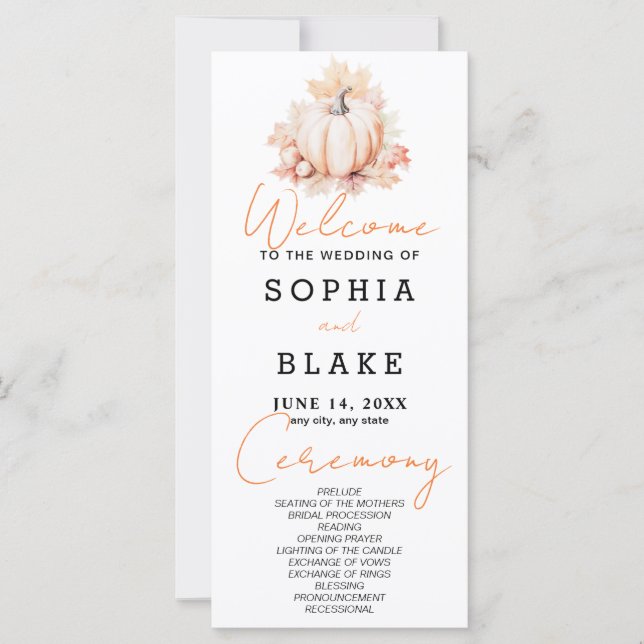 Pumpkin & Leaves Fall White Wedding Program (Front)