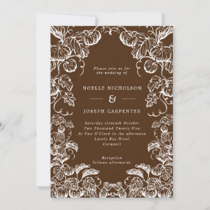 Pumpkin & Leaves Frame Brown & White Fall Wedding Invitation