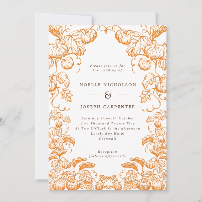 Pumpkin & Leaves Line Drawn Frame Fall Wedding Inv Invitation (Front)