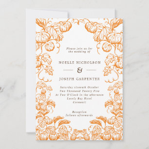 Pumpkin & Leaves Line Drawn Frame Fall Wedding Inv Invitation