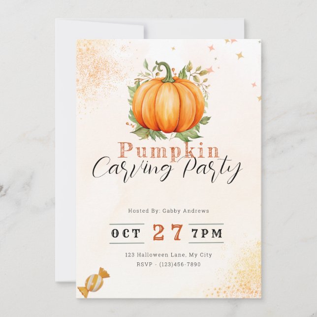 Pumpkin & Leaves Orange Pumpkin Carving Party Invitation (Front)