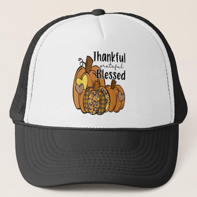 Pumpkin Leopard Thankful Grateful Blessed Thanksgi Trucker Hat (Front)