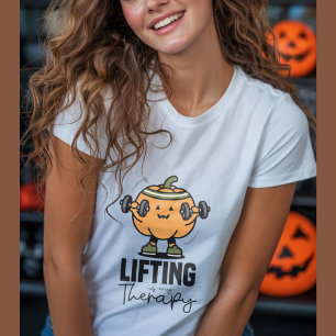 Pumpkin lifting weights, funny Halloween fitness T-Shirt