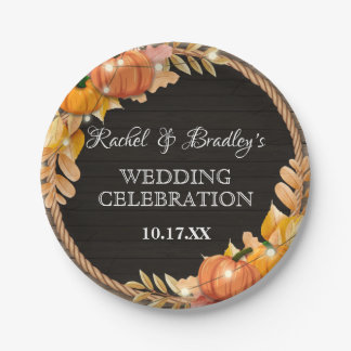 Pumpkin Light Autumn Fall Rustic Wood Barn Wedding Paper Plate