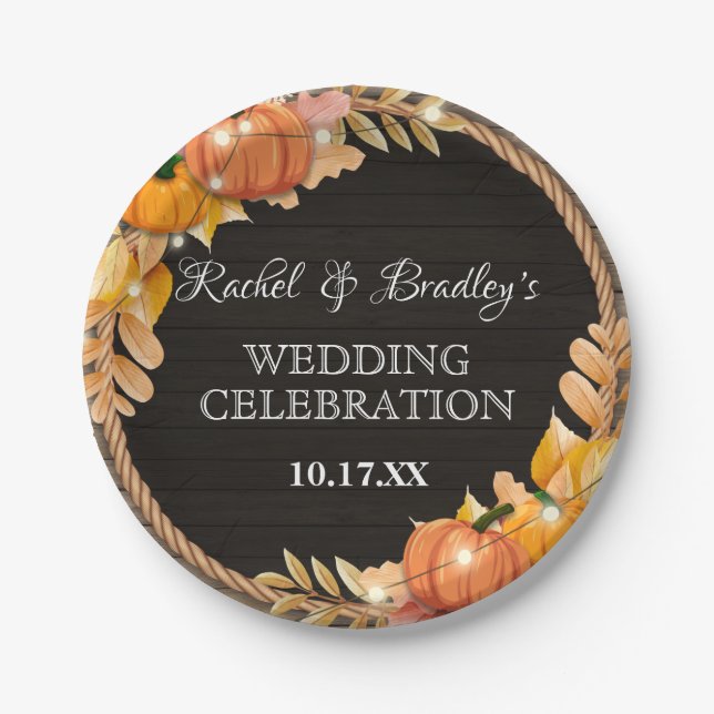 Pumpkin Light Autumn Fall Rustic Wood Barn Wedding Paper Plate (Front)