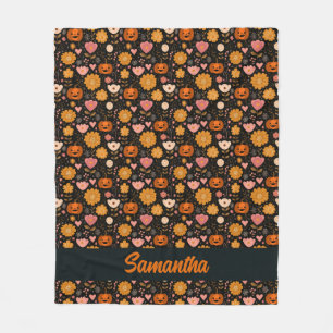 Pumpkin Love with Hearts and Flowers Fleece Blanket