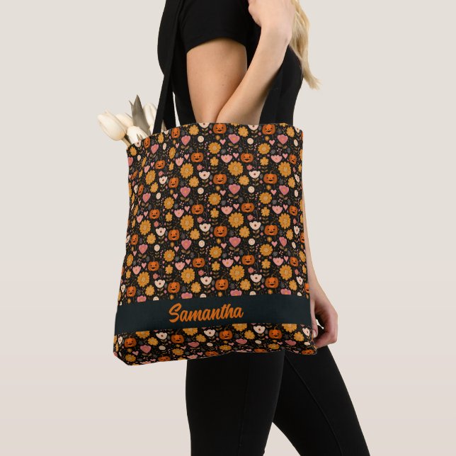 Pumpkin Love with Hearts and Flowers Tote Bag (Close Up)
