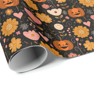 Pumpkin Love with Hearts and Flowers Wrapping Paper