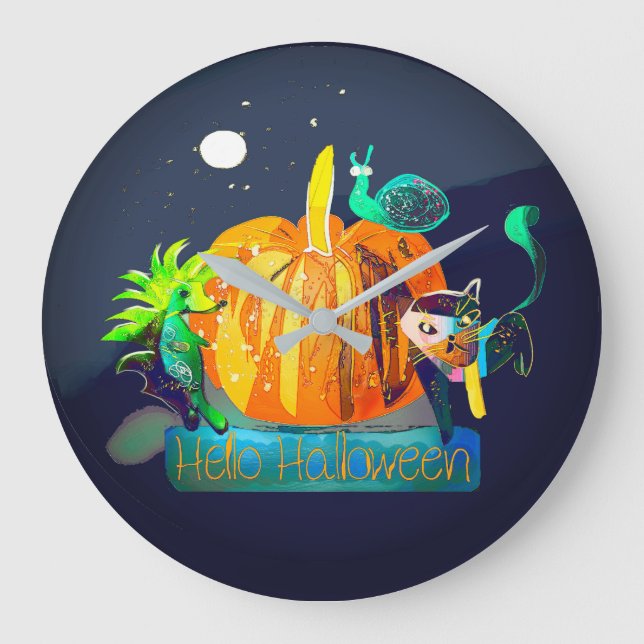 Pumpkin Magic & Halloween – Fun Cartoon Animals Large Clock (Front)