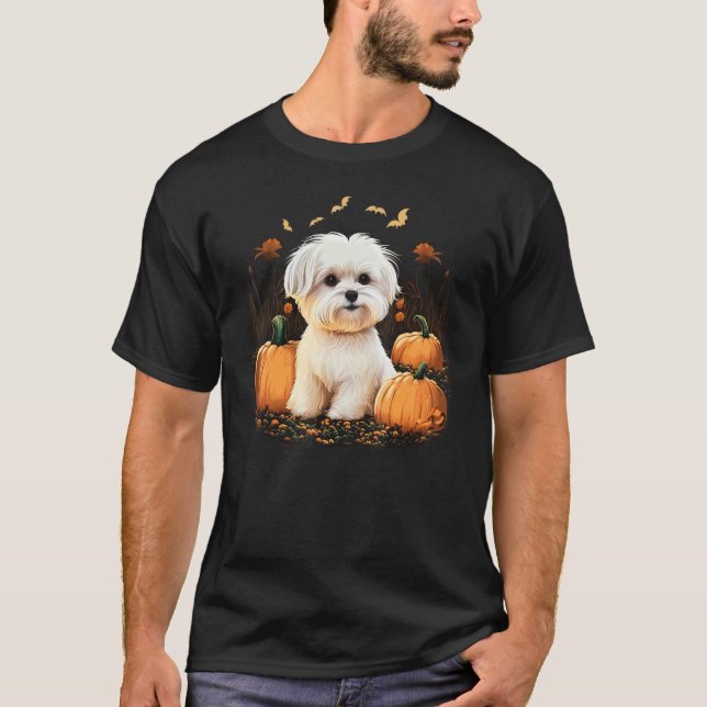 Pumpkin Maltese dog costume on Maltese dog Hallowe T-Shirt (Front)