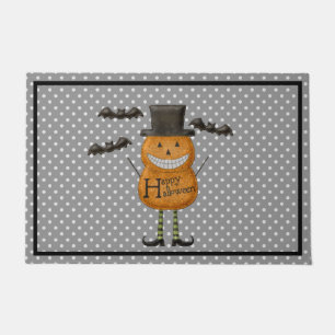 Pumpkin Man - Happy Halloween - Grey Polka Dots Doormat