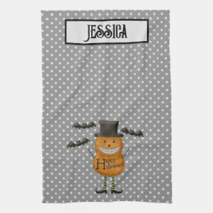 Pumpkin Man - Happy Halloween - Grey Polka Dots Tea Towel