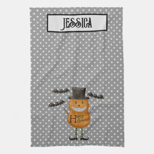 Pumpkin Man - Happy Halloween - Grey Polka Dots Tea Towel (Vertical)