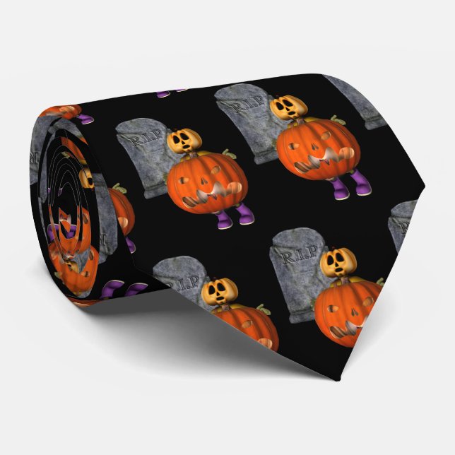 Pumpkin Man Tombstone Halloween Funny Tie (Rolled)