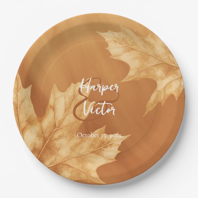 pumpkin maple leaves accent fall wedding napkins paper plate (Front)
