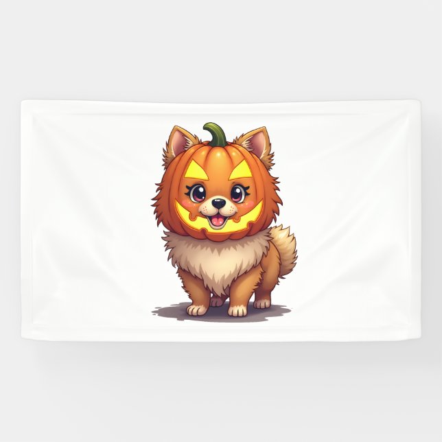 Pumpkin Mask Pomeranian Dog Banner (Horizontal)