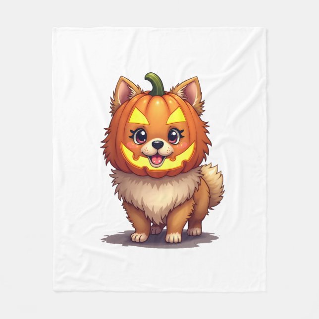 Pumpkin Mask Pomeranian Dog Fleece Blanket (Front)