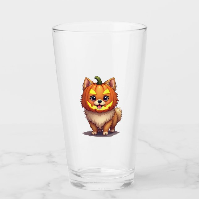Pumpkin Mask Pomeranian Dog Glass (Front)