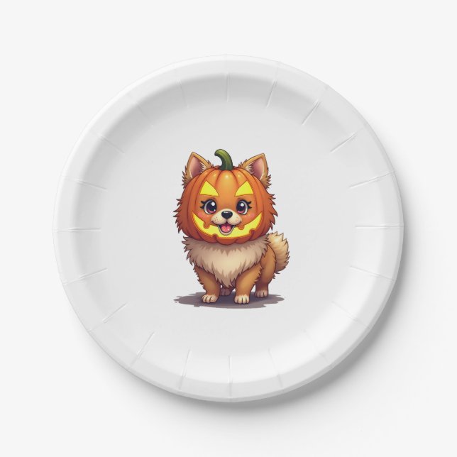 Pumpkin Mask Pomeranian Dog Paper Plate (Front)