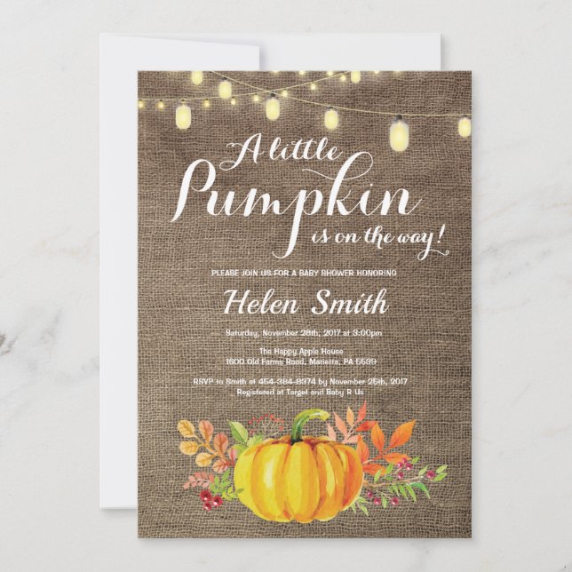 Pumpkin Mason Jar String Lights Burlap Baby Shower Invitation (Front)
