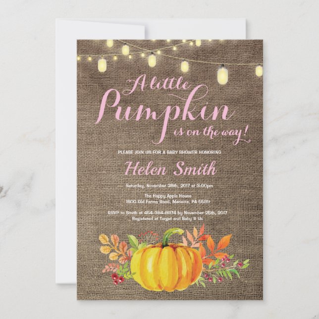 Pumpkin Mason Jar String Lights Burlap Baby Shower Invitation (Front)