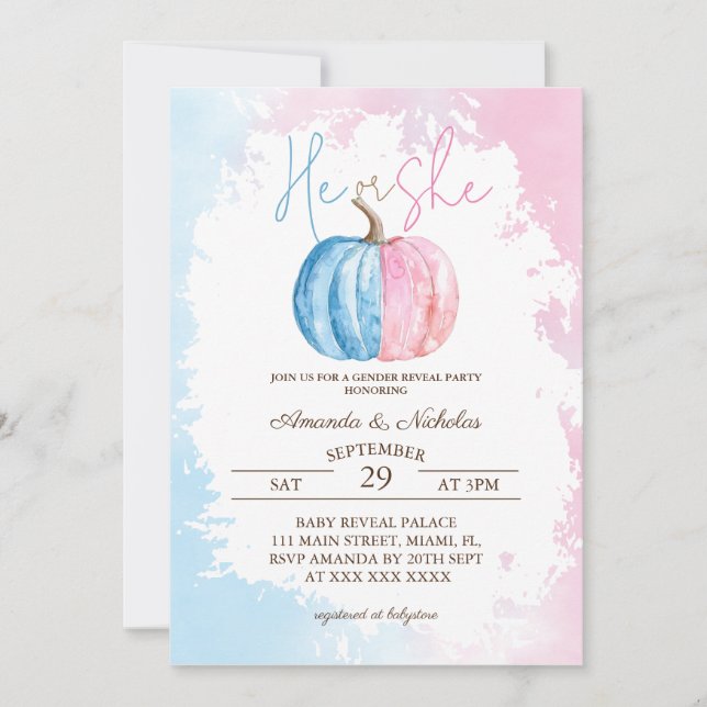 Pumpkin Minimal Pink Blue Gender Reveal  Invitation (Front)