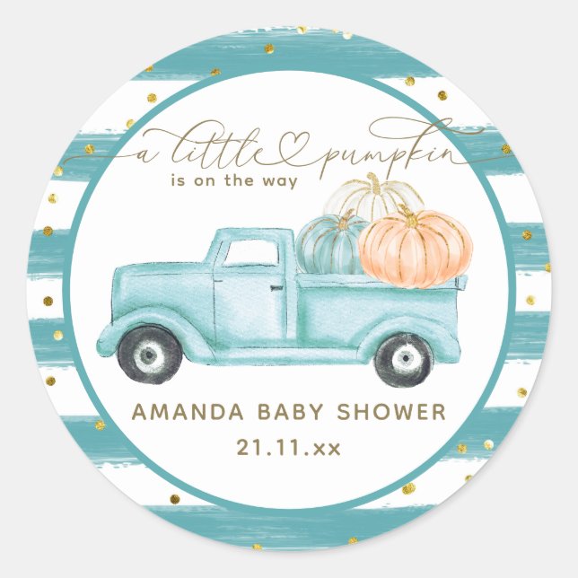 Pumpkin Minimalist Modern Fall Baby Boy Shower Classic Round Sticker (Front)