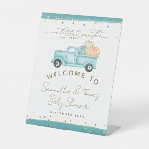 Pumpkin Minimalist Modern Fall Baby Boy Shower Pedestal Sign