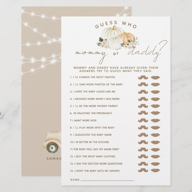 Pumpkin Minimalist Modern Fall Baby Shower Game (Front/Back)