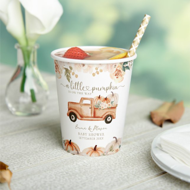 Pumpkin Modern Minimalist Fall Neutral Baby Shower Paper Cups (Insitu)