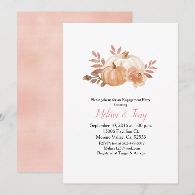 Pumpkin modern watercolour engagement party invitation (Front/Back)