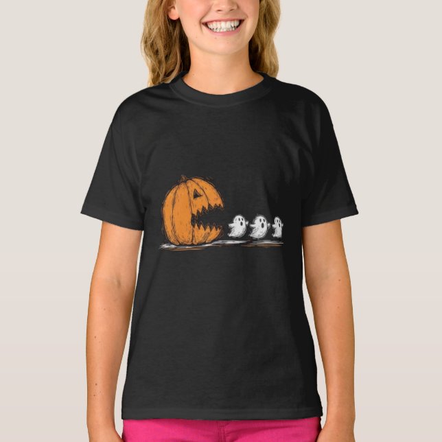 Pumpkin Monster Chasing Ghosts T-Shirt (Front)