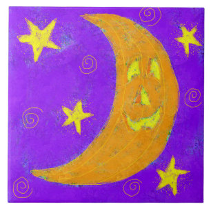 Pumpkin Moon Abstract Halloween Art  Tile