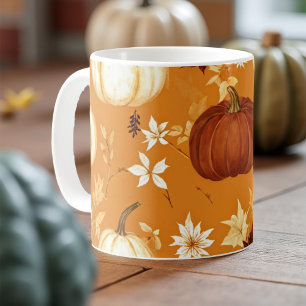 Pumpkin Mug Orange Watercolor Fall Leaves 