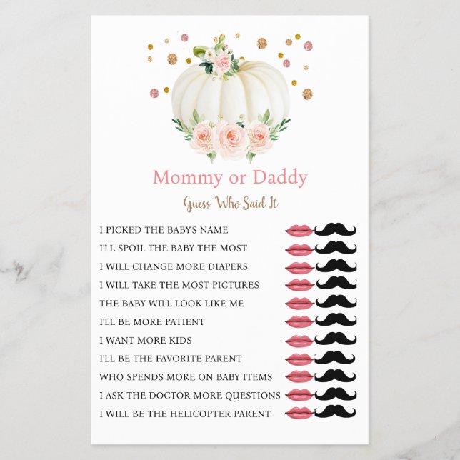 Pumpkin Mummy or Daddy Girl Fall Baby Shower Game Flyer (Front)