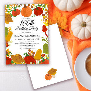  Pumpkin Mushroom Forest Fall 100th Birthday Invitation