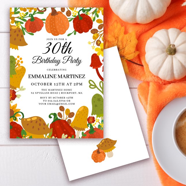  Pumpkin Mushroom Forest Fall 30th Birthday Invitation (Need matching pumpkin and mushroom fall party supplies? Message me!)