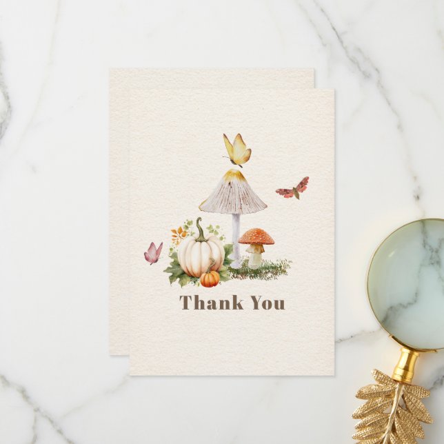 Pumpkin Mushroom Woodland Insects Girl Baby Shower Thank You Card (Front/Back In Situ)