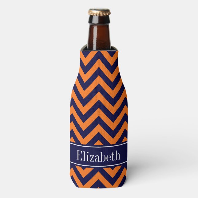 Pumpkin Navy LG Chevron Navy Blue Name Monogram Bottle Cooler (Bottle Front)